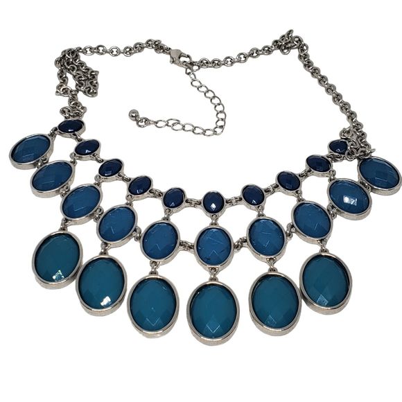 Graduating Blue Green Silver Tone Chain Statement Necklace Faceted Bib Acrylic - Picture 2 of 9